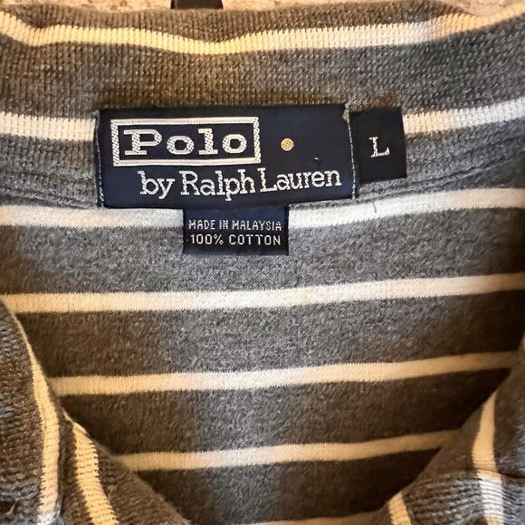 VTG‎ Polo Ralph Lauren Vintage Gray White Striped Polo Shirt Men’s Large EUC - Picture 2 of 5
